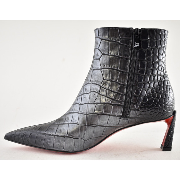 Christian Louboutin Condora Booty 55 Black Silver Croc Ali Ankle Heel Boot 38 - Picture 11 of 15